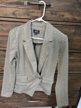 Maeve by Anthropologie Collegiate Black & Cream Plaid Tailored Menswear Blazer